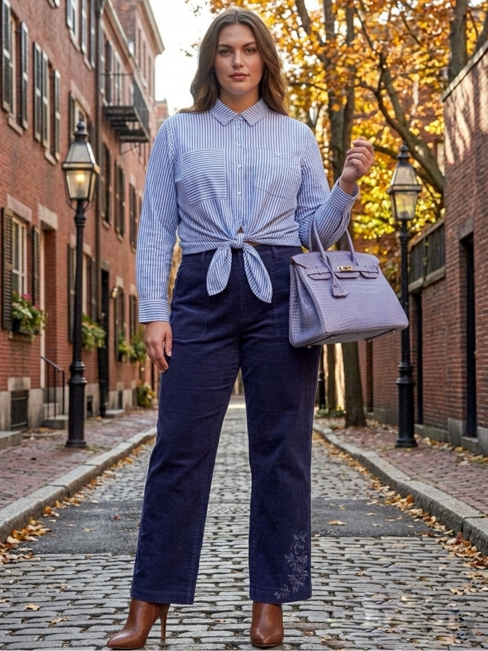 Floral Embroidered Cotton Corduroy Pants Navy NWT